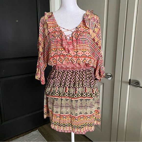 Rebecca Minkoff Multicolored Boho Ruffle Collar Mini Dress 100% Silk Size XS - Picture 1 of 13
